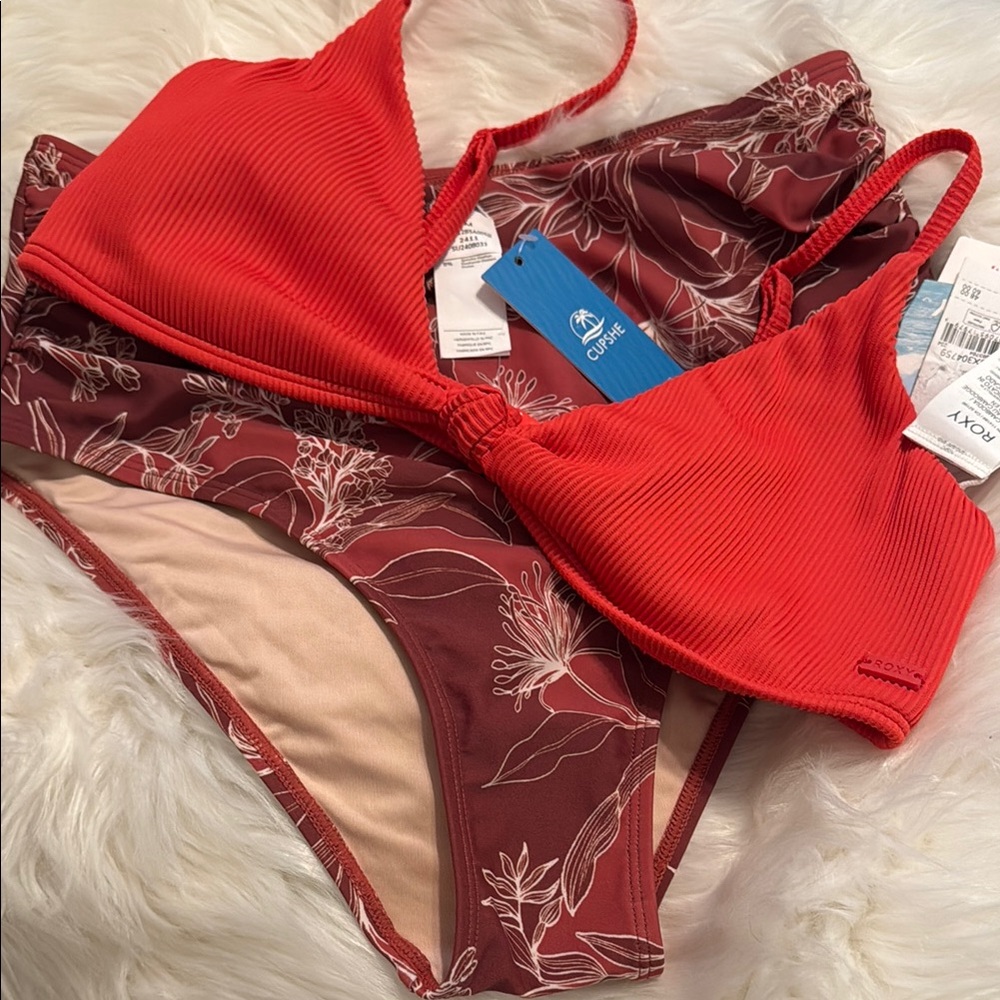 Roxy Nwt L (M ) red-Orange ribbed Knot of Bikini Top & Cupshe NWT ruched bottom